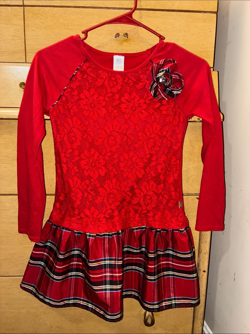 Dollie & Me Red Lace & Plaid Long-Sleeve Dress (BEAUTIFUL RED PLAID DRESS
